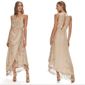 NWOT Love Sam Layla Fringe Embroidered Wrap Dress XS, Boho Floral Tan Silk